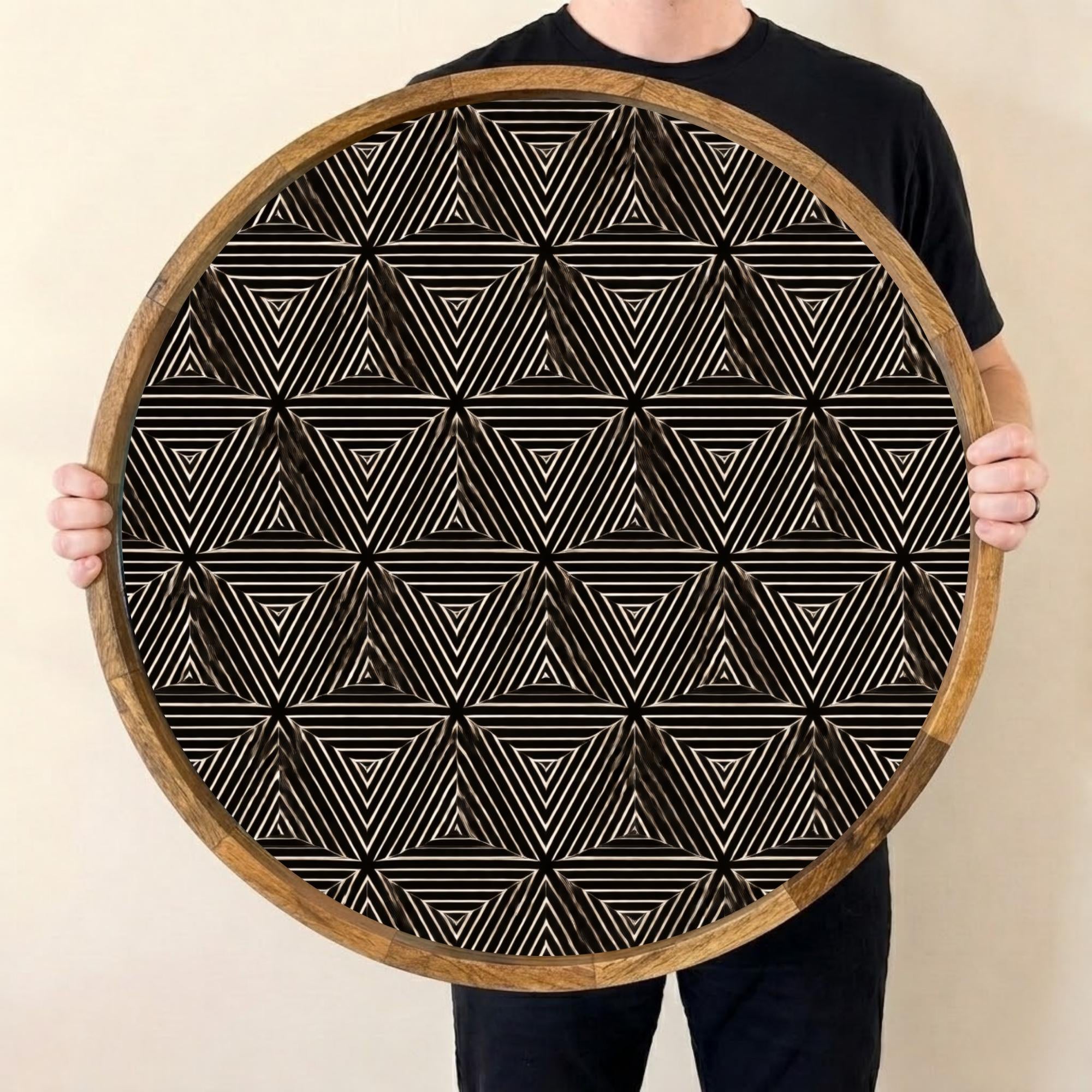 Handmade Geometric Mango Wood Tray | Black Gold Modern Coffee Table Decor