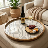 Geometric Wooden Serving Platter Printed | Round Mango Wood Coffee Table Decor | Modern Kitchen Organizer