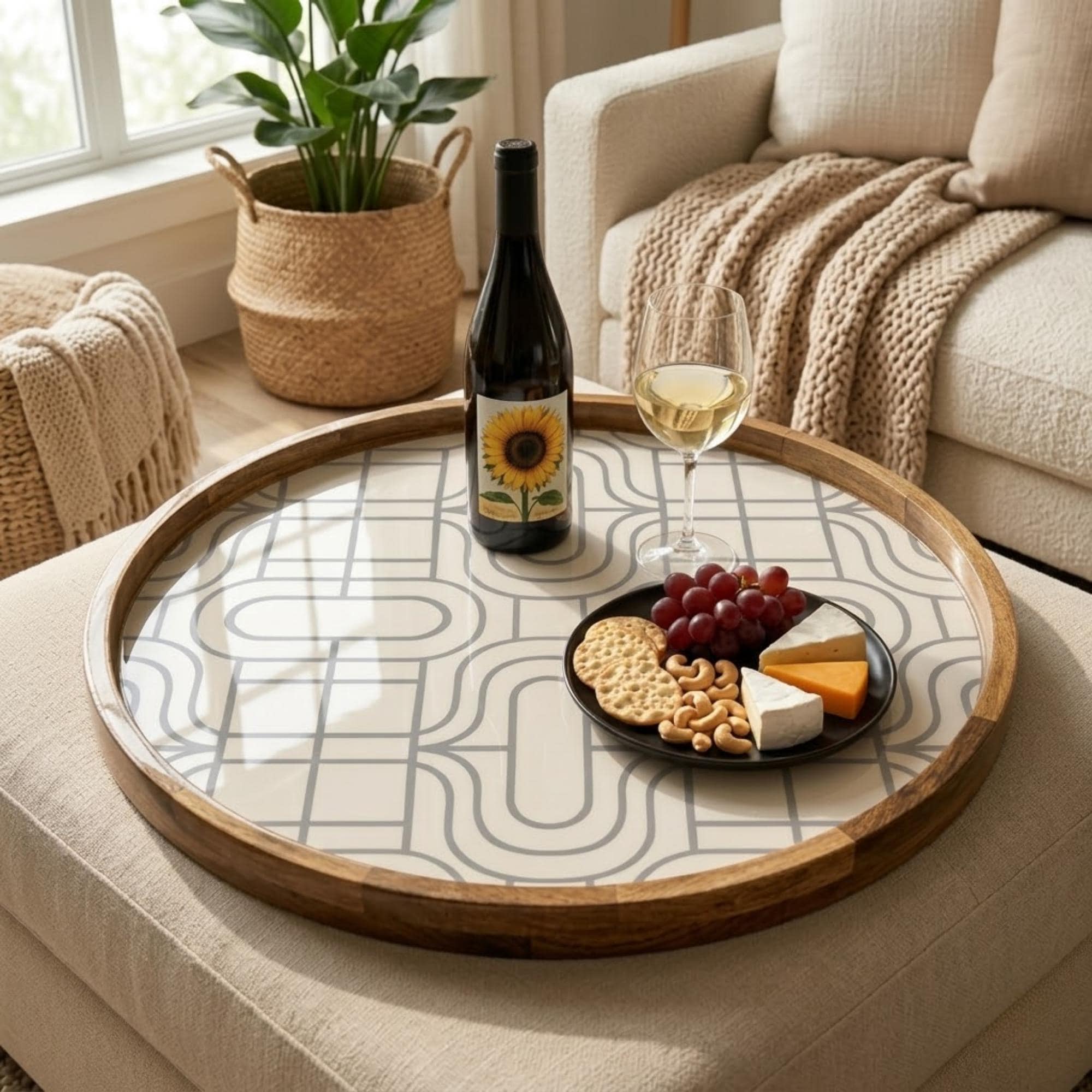Geometric Wooden Serving Platter Printed | Round Mango Wood Coffee Table Decor | Modern Kitchen Organizer