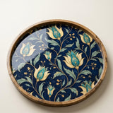 Floral Wooden Serving Tray Printed | Round Mango Wood Coffee Table Decor | Blue Botanical Organizer