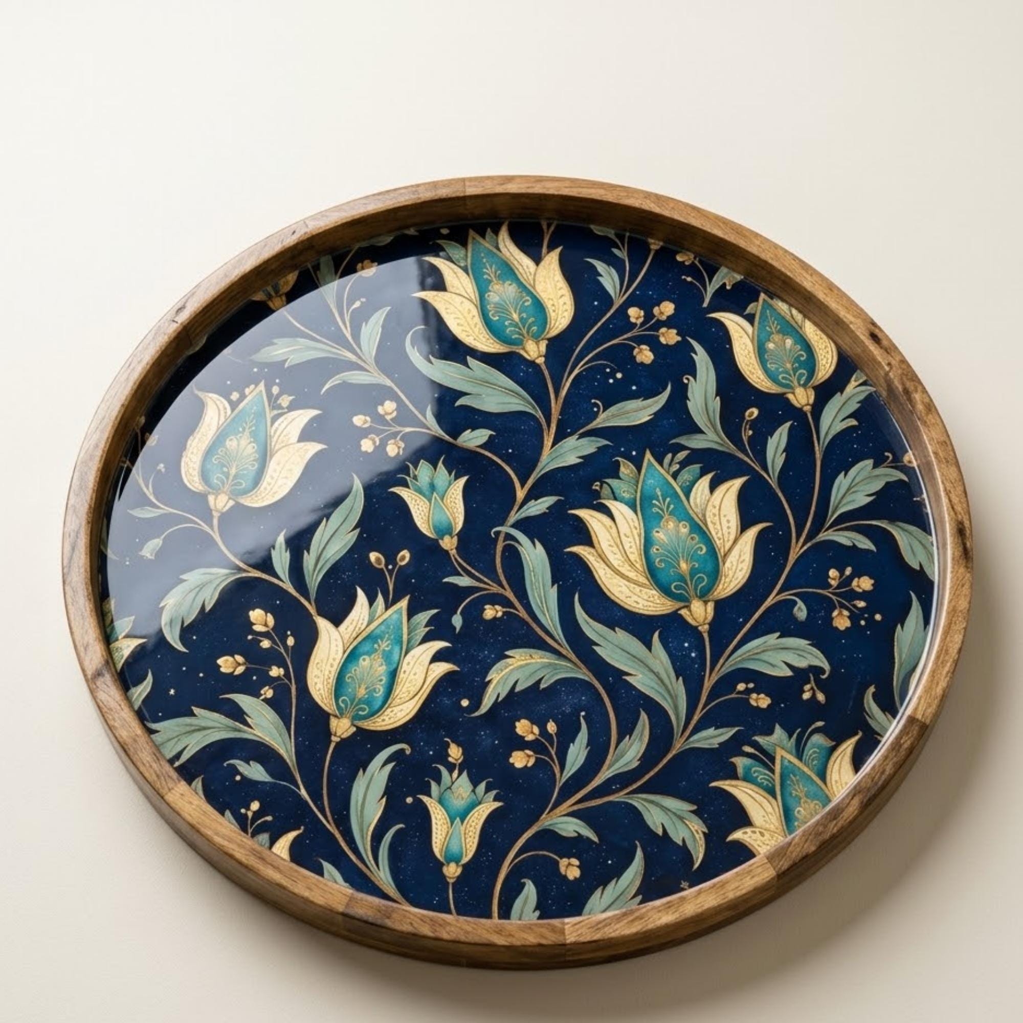 Floral Wooden Serving Tray Printed | Round Mango Wood Coffee Table Decor | Blue Botanical Organizer