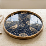 Blue Floral Wooden Serving Platter | Printed Mango Wood | Round Tea Coffee Decor Gift