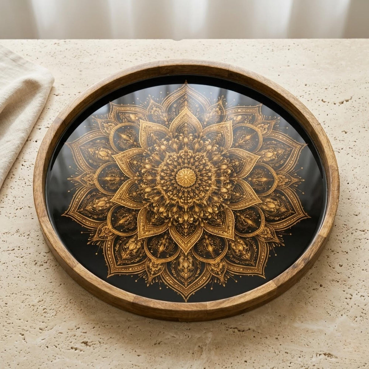 Mandala Wooden Serving Tray | Round Mango Wood, Boho Home Decor