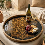 Mandala Wooden Serving Tray | Round Mango Wood, Boho Home Decor