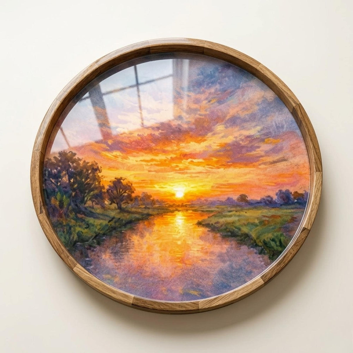 Sunset Landscape Wooden Serving Platter | Printed Mango Wood | Round Tea Coffee Decor Gift