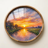 Sunset Landscape Wooden Serving Platter | Printed Mango Wood | Round Tea Coffee Decor Gift