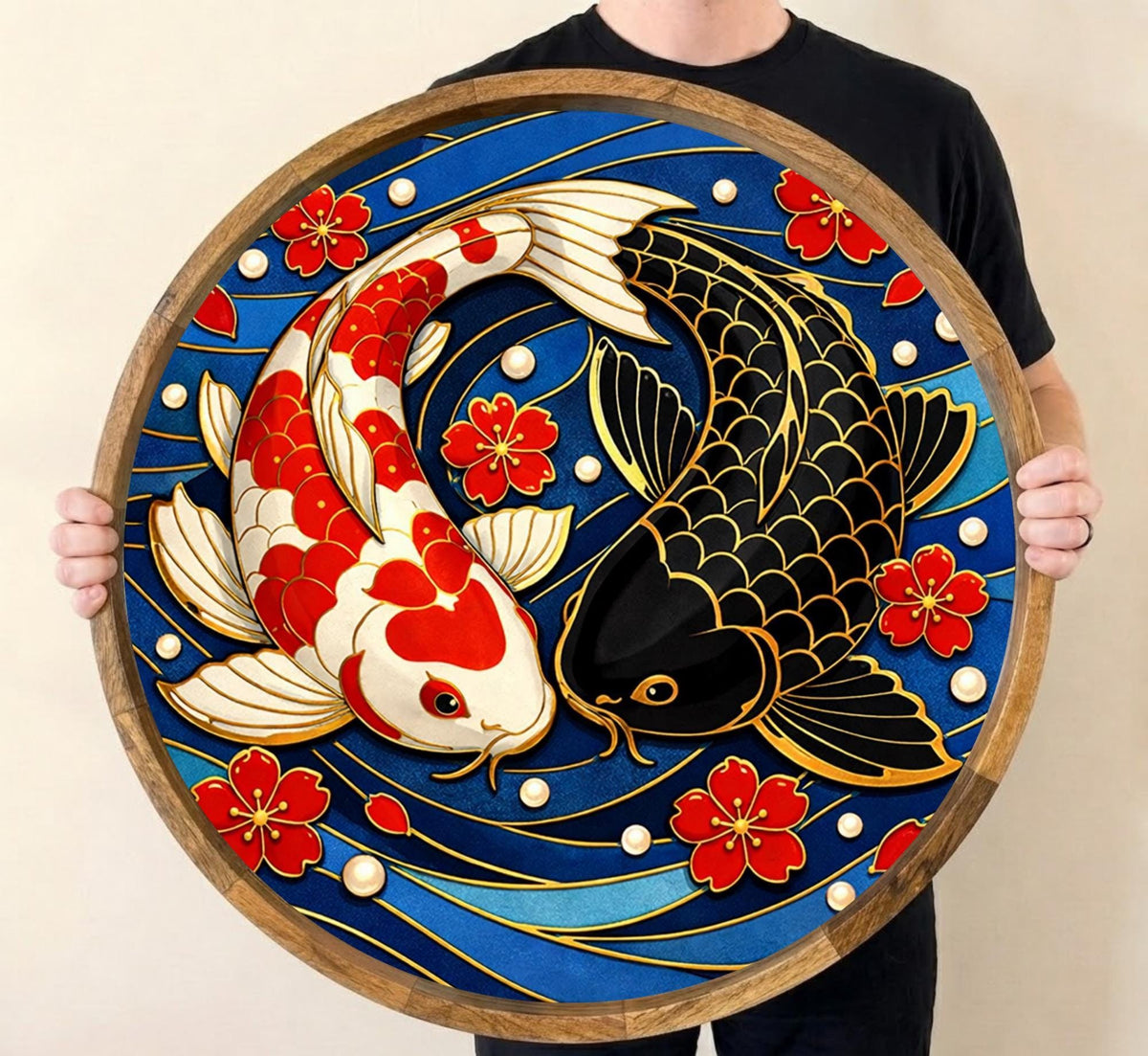 Japanese Crane Wooden Serving Platter | Printed Mango Wood | Round Tea Coffee Decor Gift