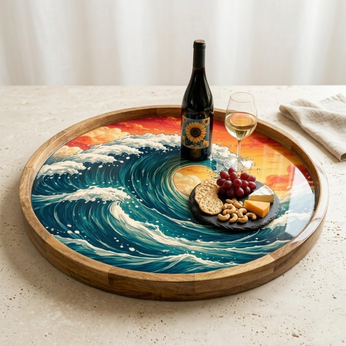 Ocean Wave Wooden Tray | Mango Wood Printed Coffee Table Decor | Coastal Tea Platter
