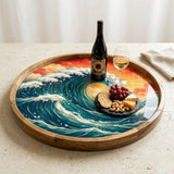 Ocean Wave Wooden Tray | Mango Wood Printed Coffee Table Decor | Coastal Tea Platter