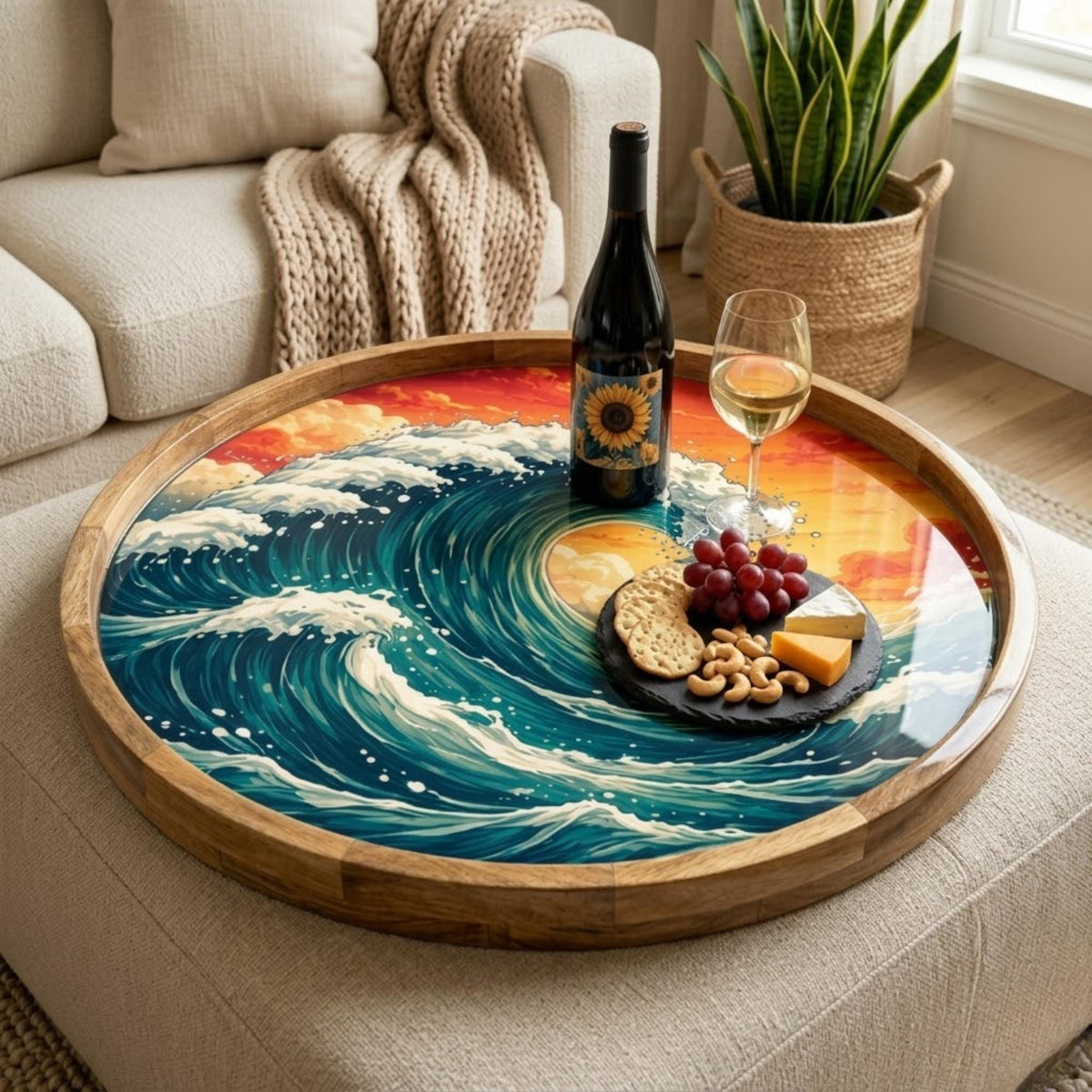 Ocean Wave Wooden Tray | Mango Wood Printed Coffee Table Decor | Coastal Tea Platter