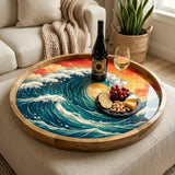 Ocean Wave Wooden Tray | Mango Wood Printed Coffee Table Decor | Coastal Tea Platter