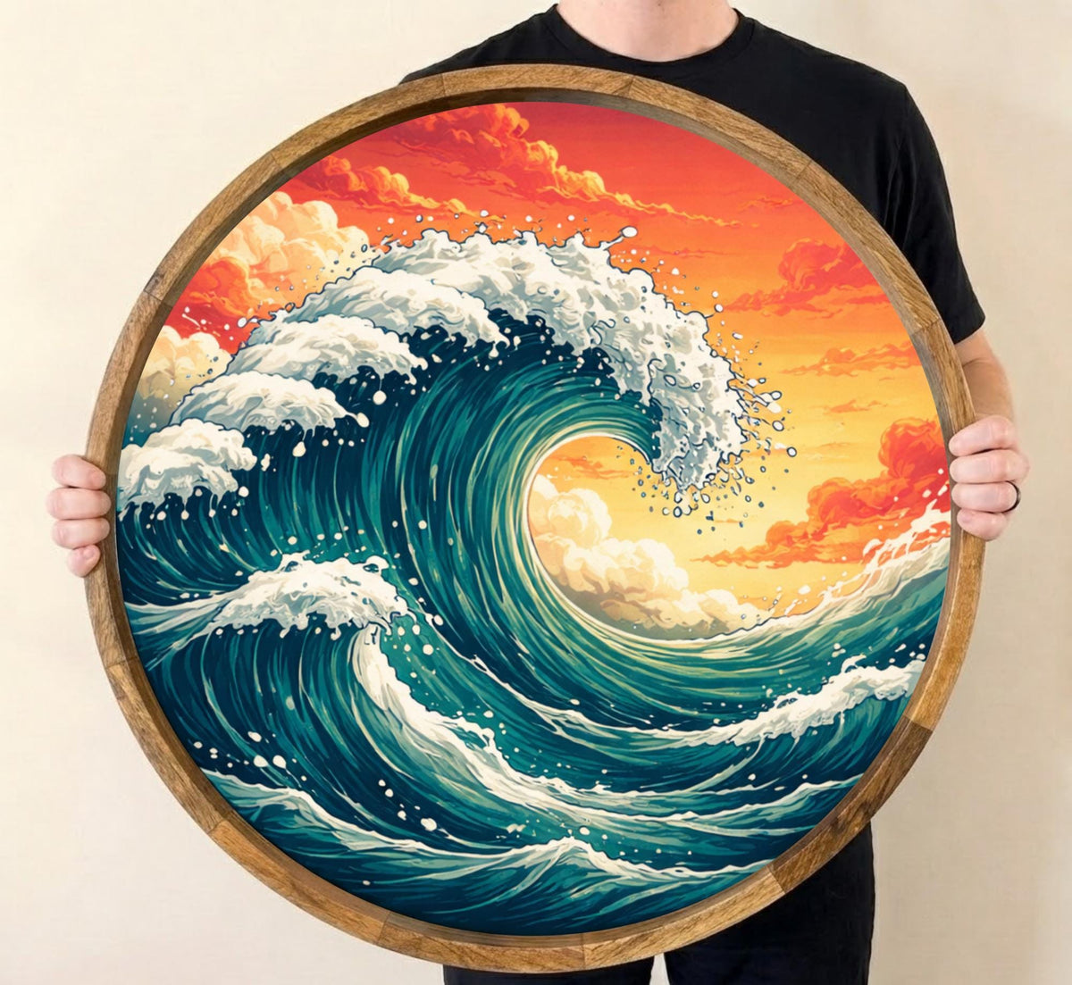 Ocean Wave Wooden Tray | Mango Wood Printed Coffee Table Decor | Coastal Tea Platter