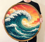 Ocean Wave Wooden Tray | Mango Wood Printed Coffee Table Decor | Coastal Tea Platter
