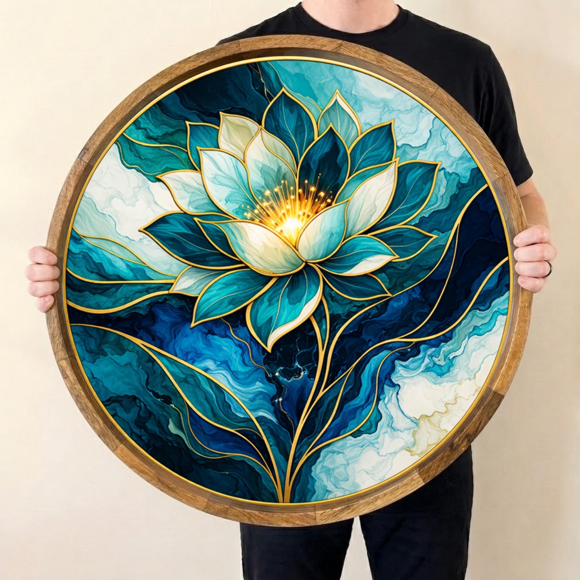 Blue Lotus Mango Wood Serving Tray | Boho Floral Coffee Tea Platter