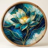 Blue Lotus Mango Wood Serving Tray | Boho Floral Coffee Tea Platter