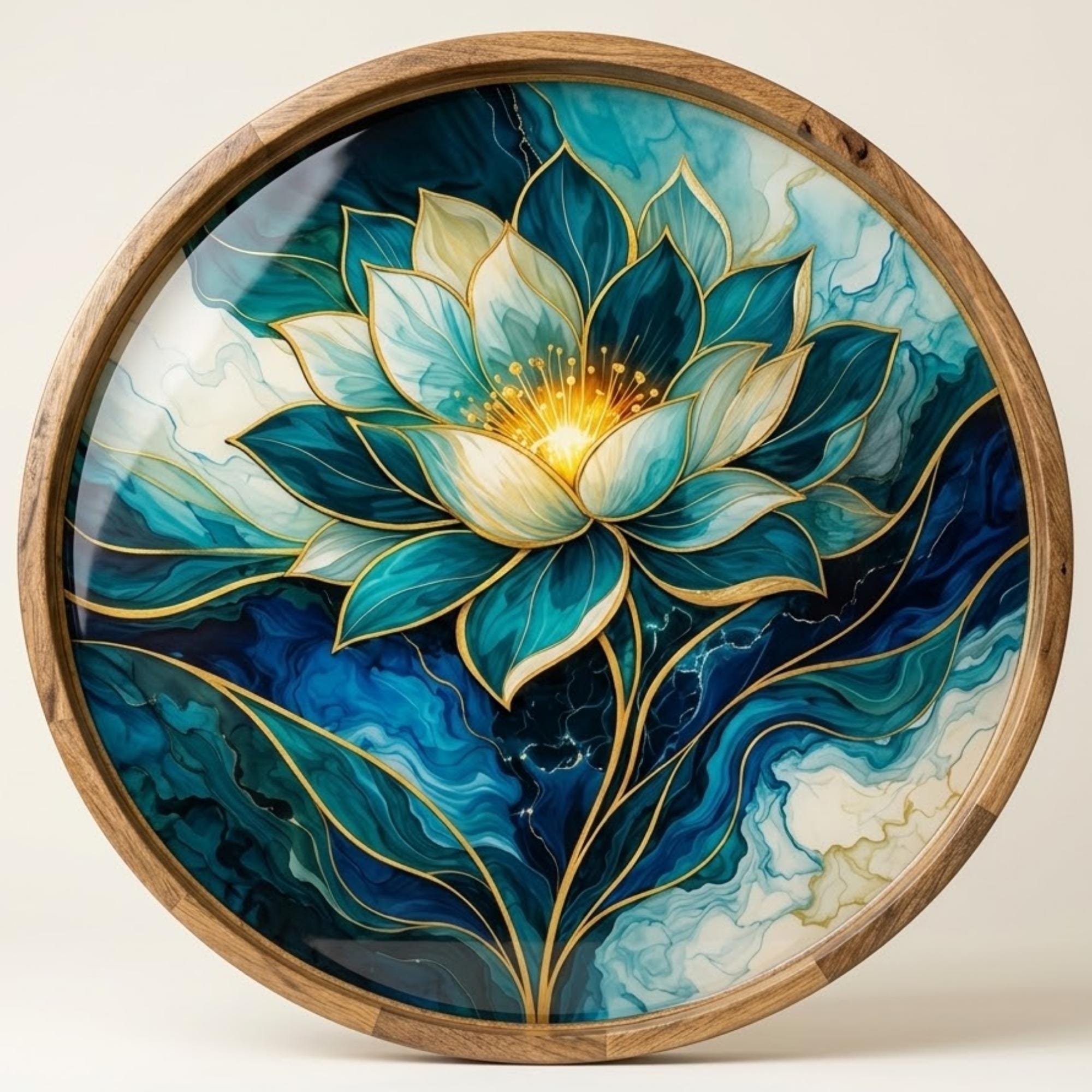 Blue Lotus Mango Wood Serving Tray | Boho Floral Coffee Tea Platter
