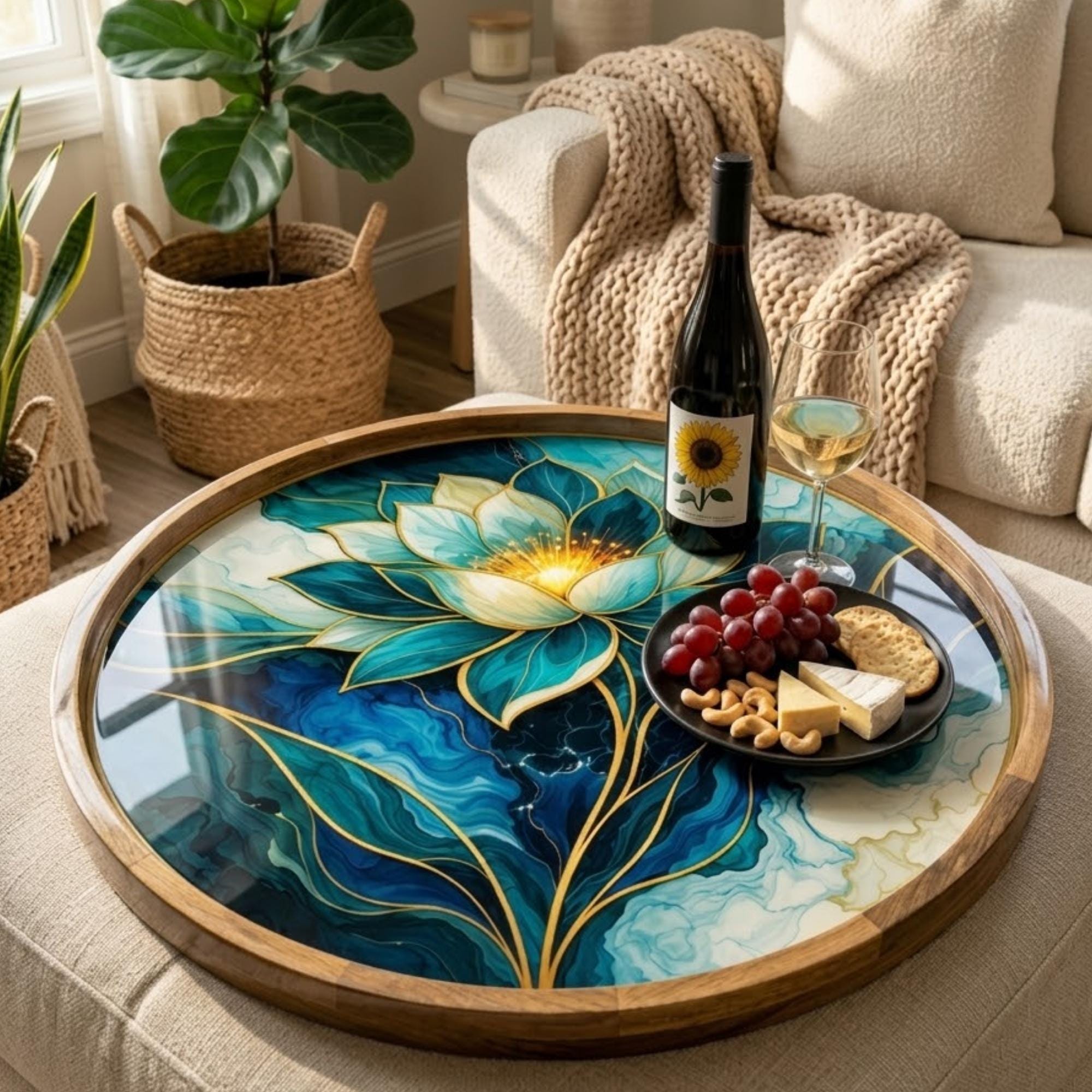 Blue Lotus Mango Wood Serving Tray | Boho Floral Coffee Tea Platter