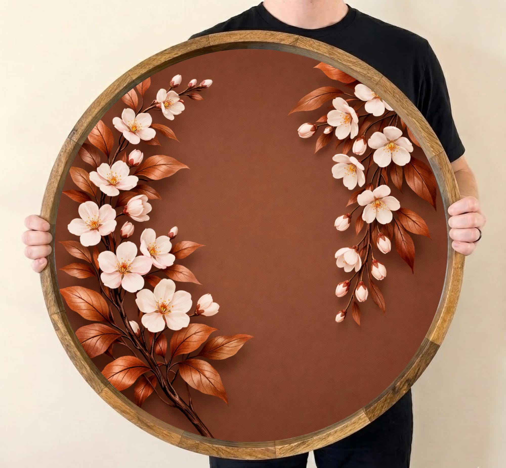 Floral Wooden Tray | Mango Wood Printed Coffee Table Decor | Brown Flower Tea Platter