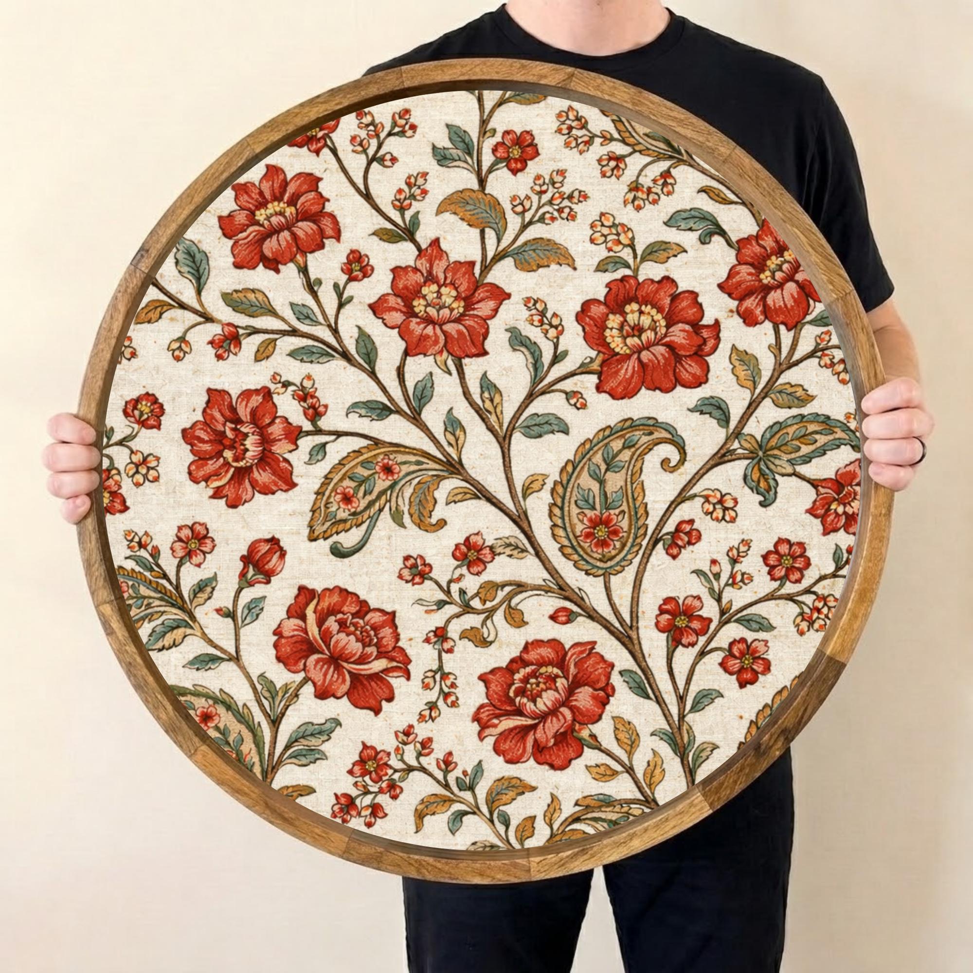 Vintage Floral Wooden Tray | Mango Wood Printed Coffee Table Decor | Tea Platter