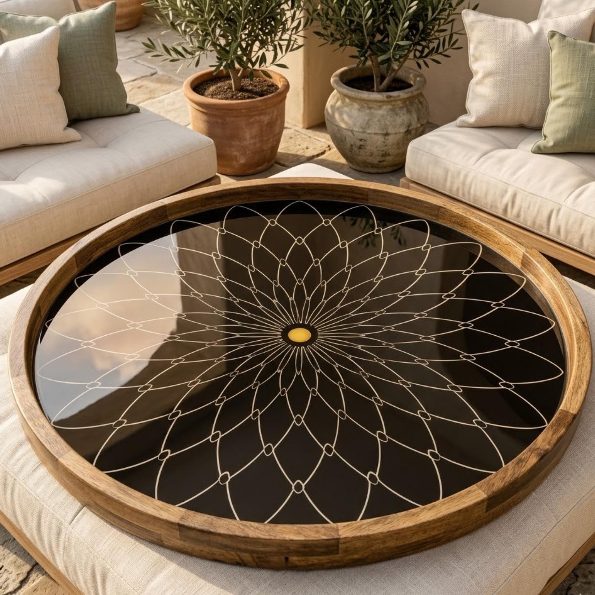 Black Mandala Mango Wood Serving Tray | Boho Ottoman Coffee Table Decor