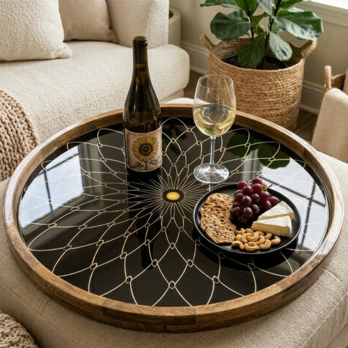 Black Mandala Mango Wood Serving Tray | Boho Ottoman Coffee Table Decor