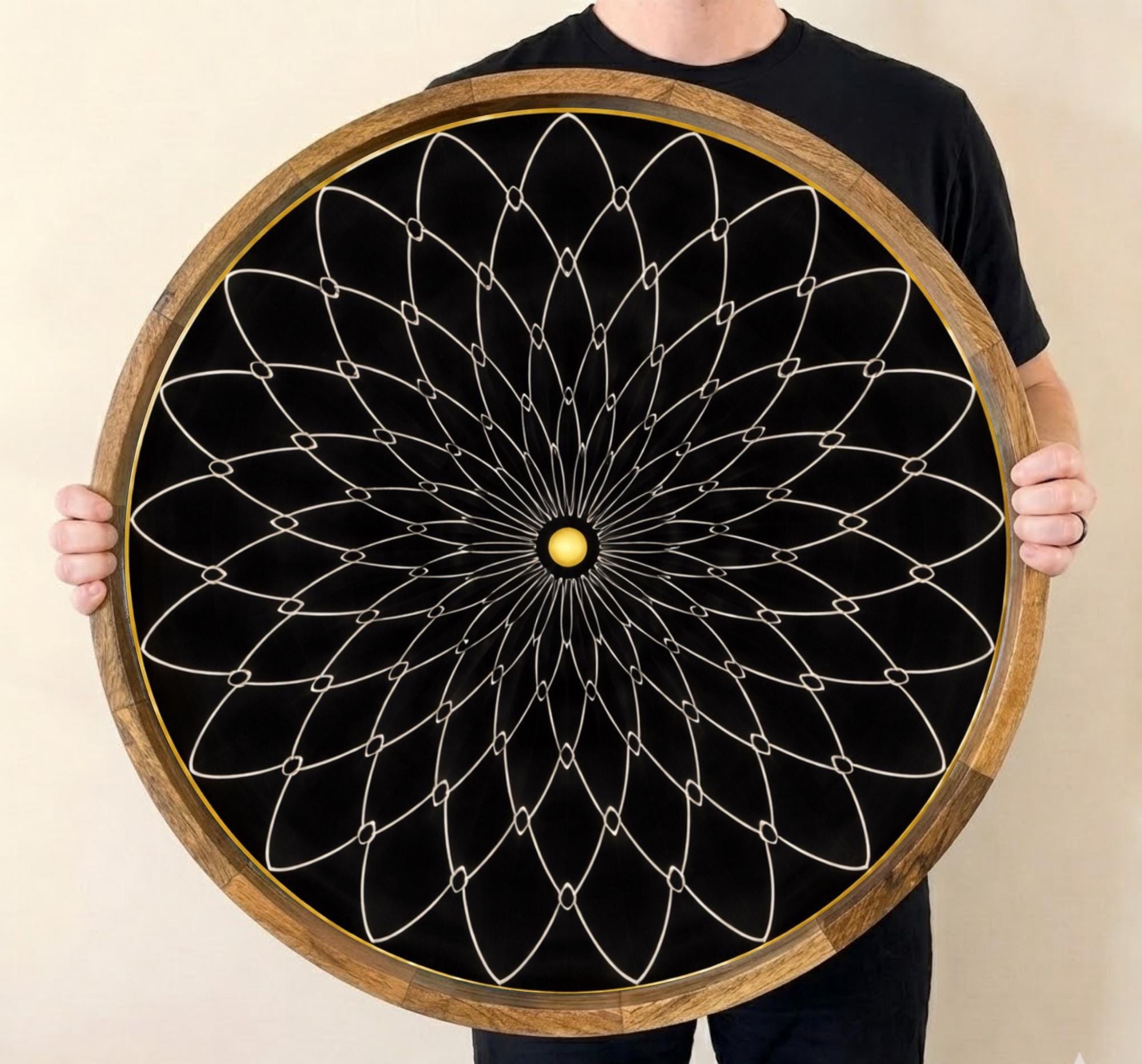 Black Mandala Mango Wood Serving Tray | Boho Ottoman Coffee Table Decor