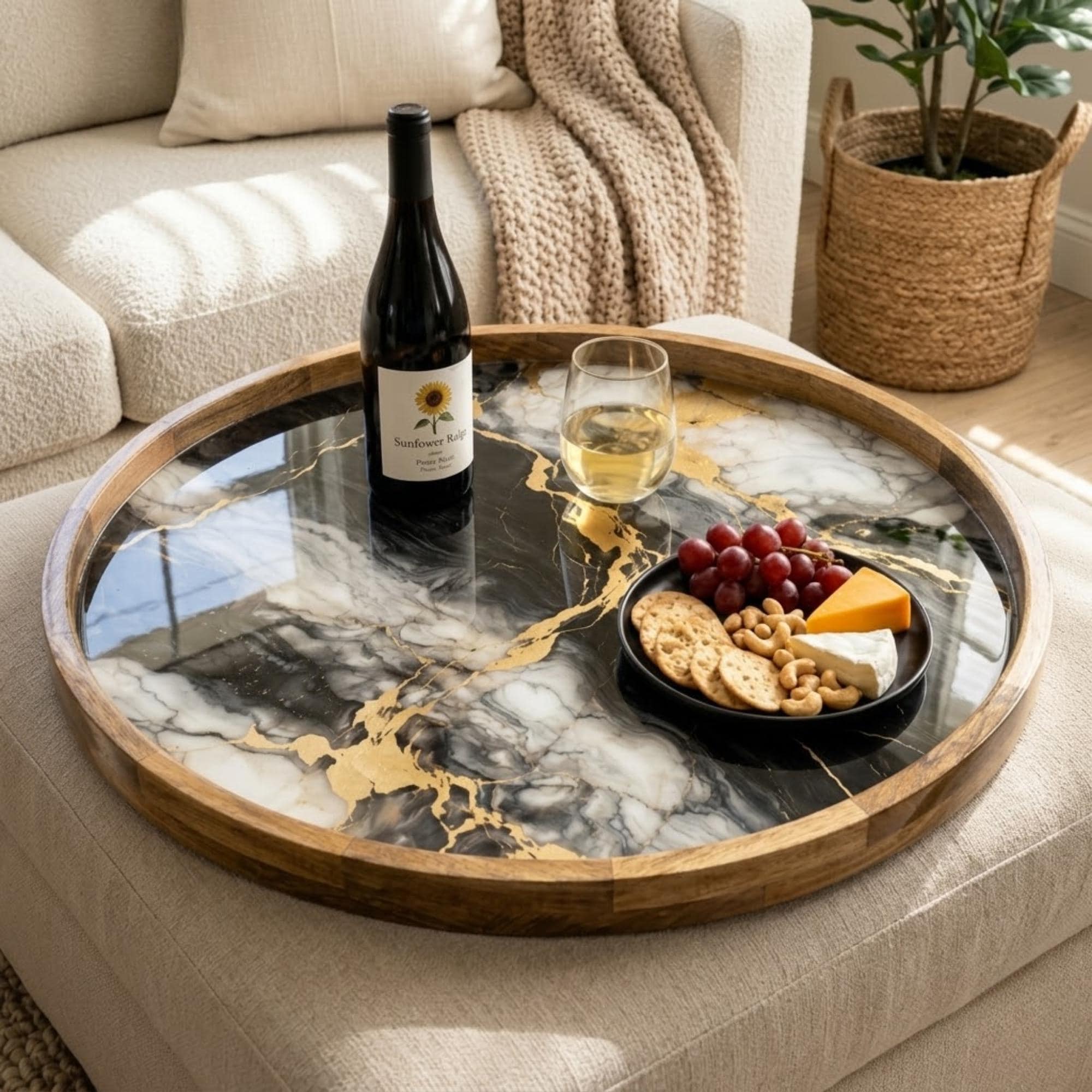 Marble Design Wooden Tray | Mango Wood Printed Coffee Table Decor | Modern Tea Platter