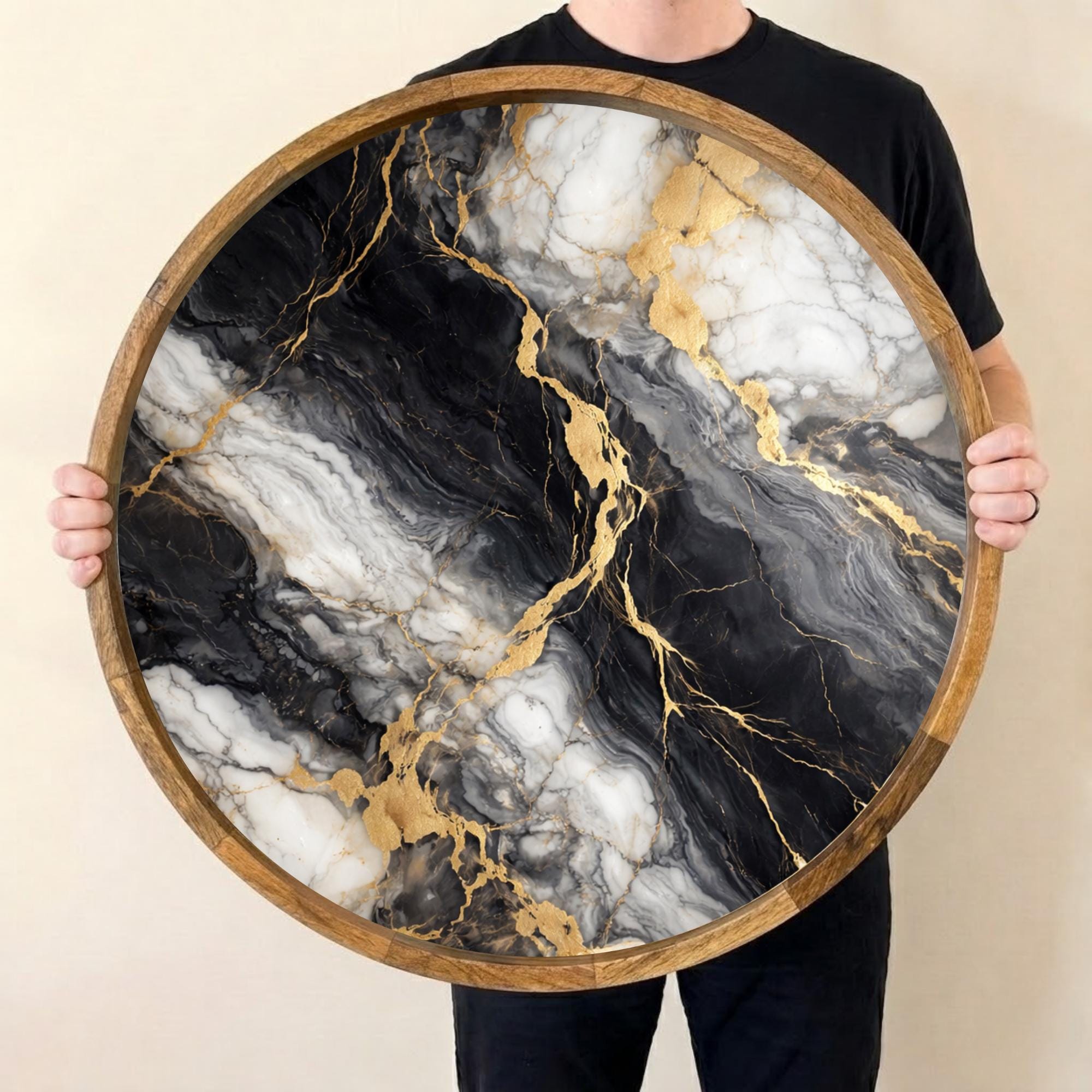 Marble Design Wooden Tray | Mango Wood Printed Coffee Table Decor | Modern Tea Platter