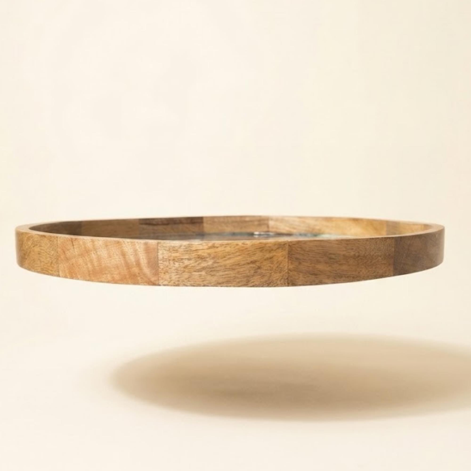 Round Mango Wood Serving Tray | Abstract Swirl Print Ottoman Decor