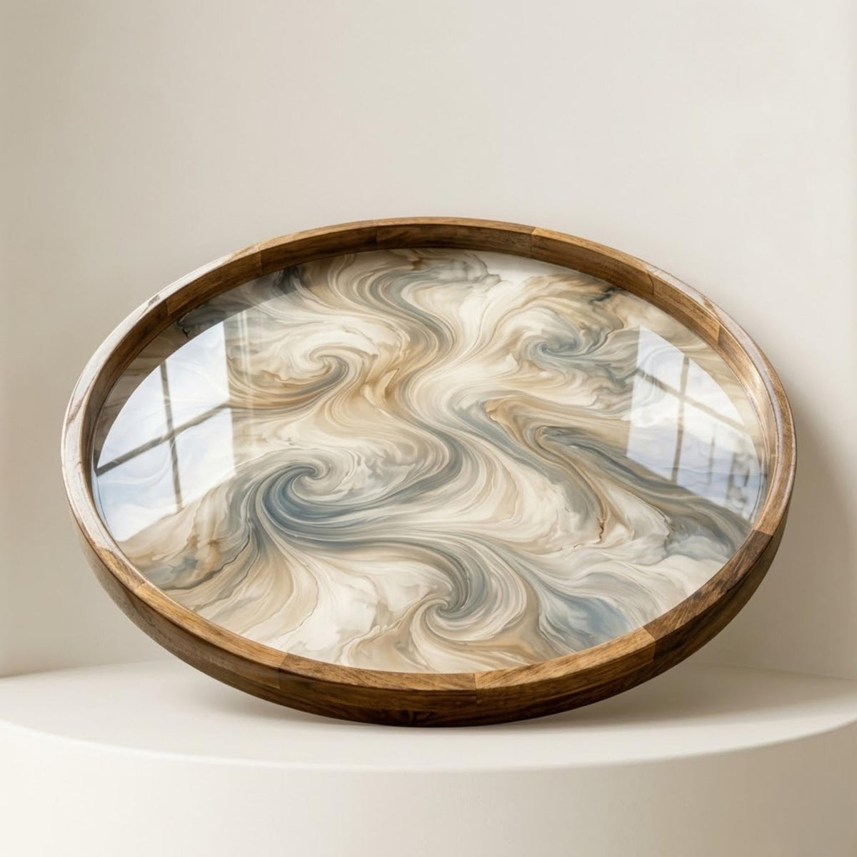 Round Mango Wood Serving Tray | Abstract Swirl Print Ottoman Decor