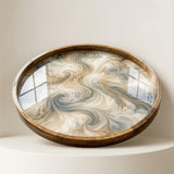 Round Mango Wood Serving Tray | Abstract Swirl Print Ottoman Decor
