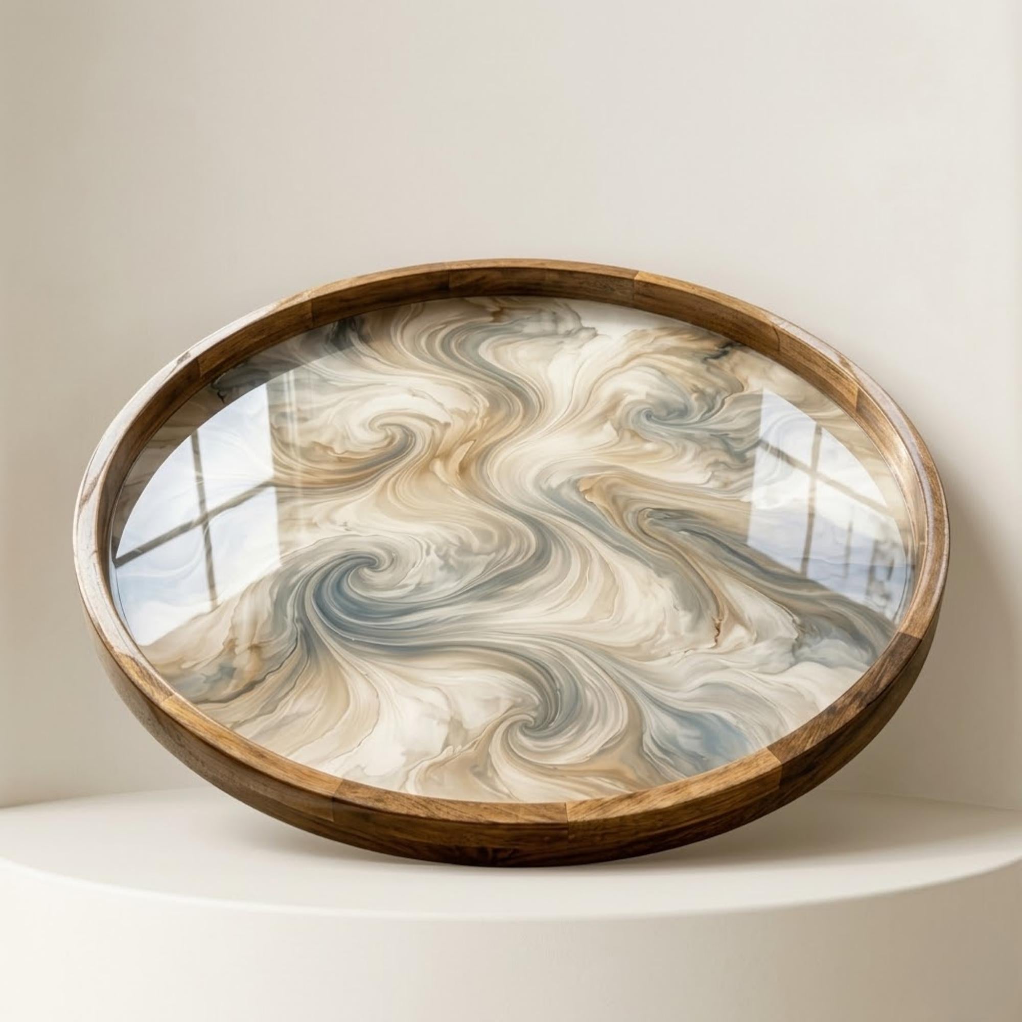 Round Mango Wood Serving Tray | Abstract Swirl Print Ottoman Decor