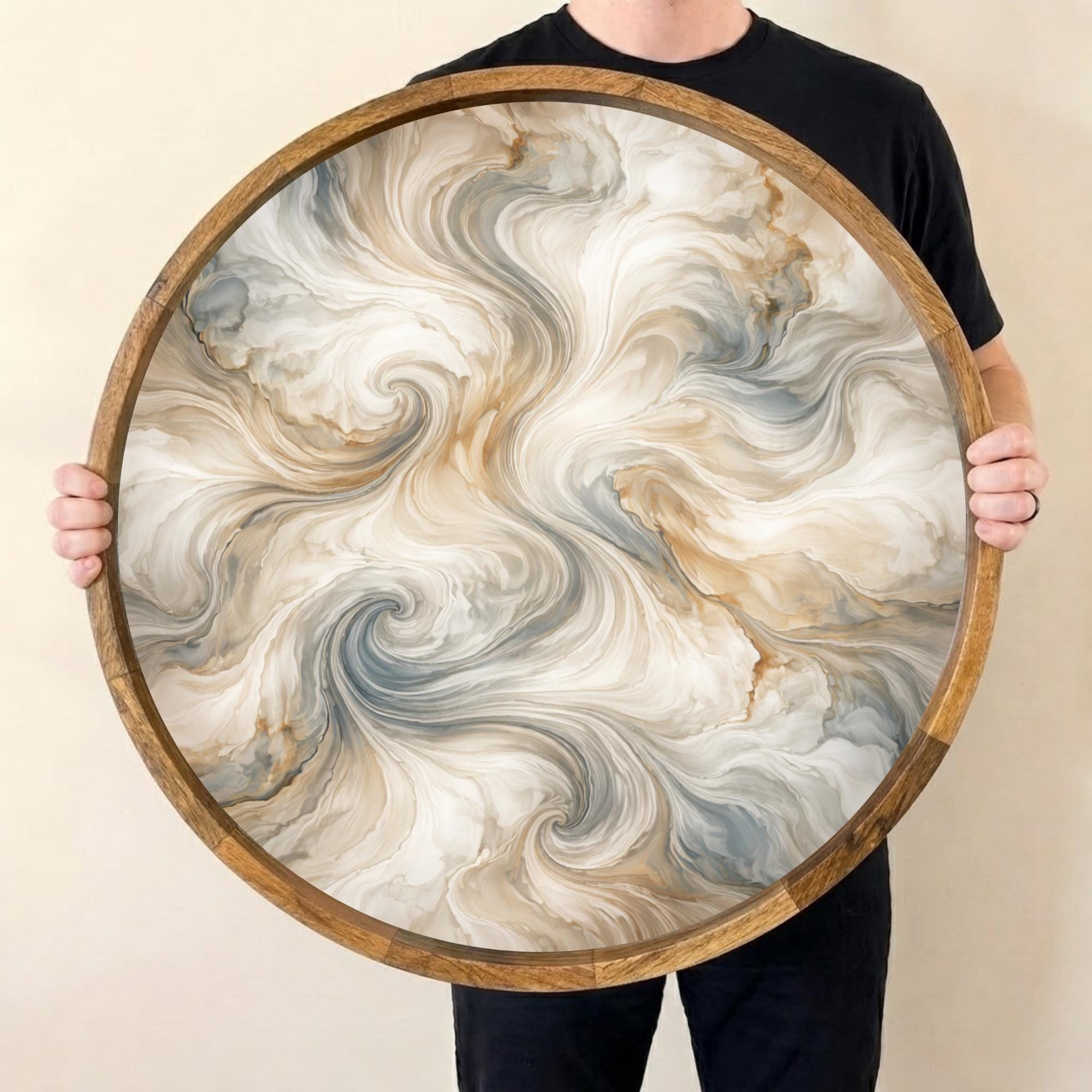 Round Mango Wood Serving Tray | Abstract Swirl Print Ottoman Decor