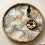 Round Mango Wood Serving Tray | Abstract Swirl Print Ottoman Decor