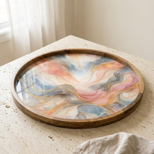 Abstract Marble Serving Tray | Pastel Swirl Mango Wood Coffee Table Tray