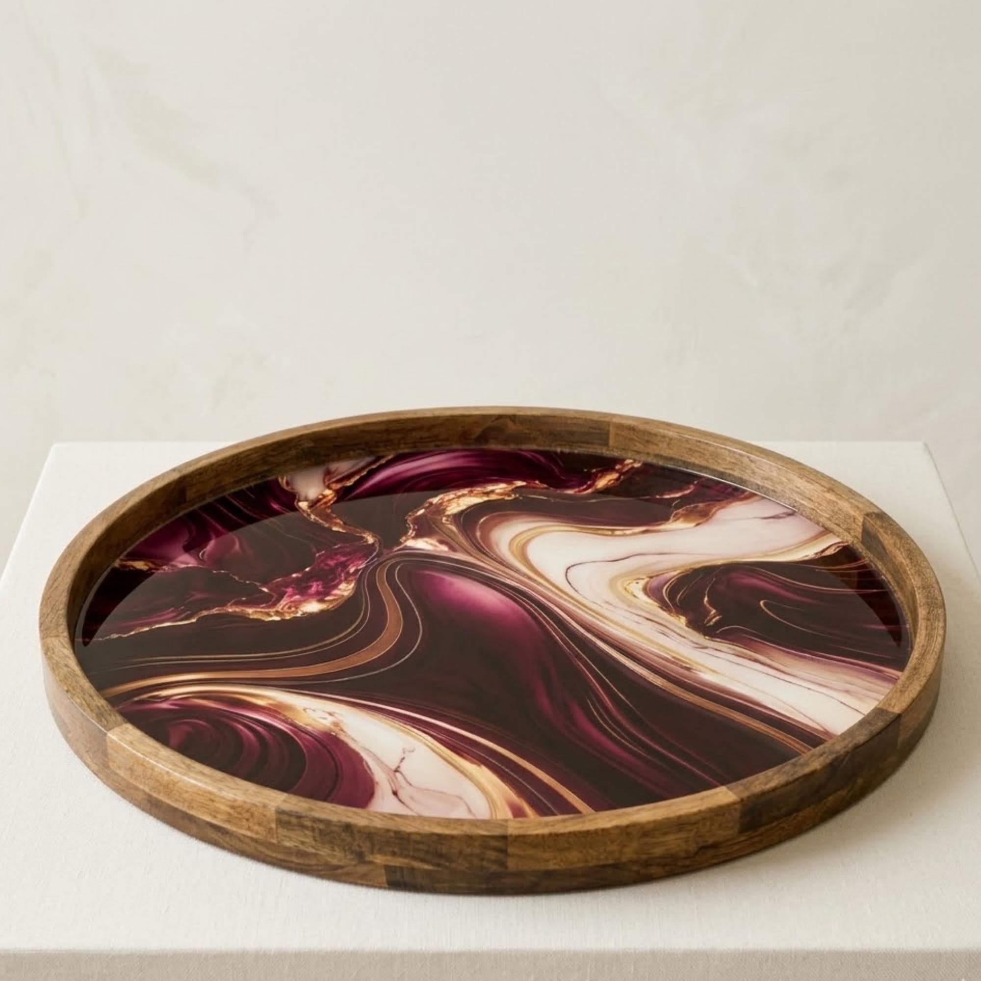 Purple Marble Mango Wood Serving Tray | Round Ottoman Coffee Table Decor