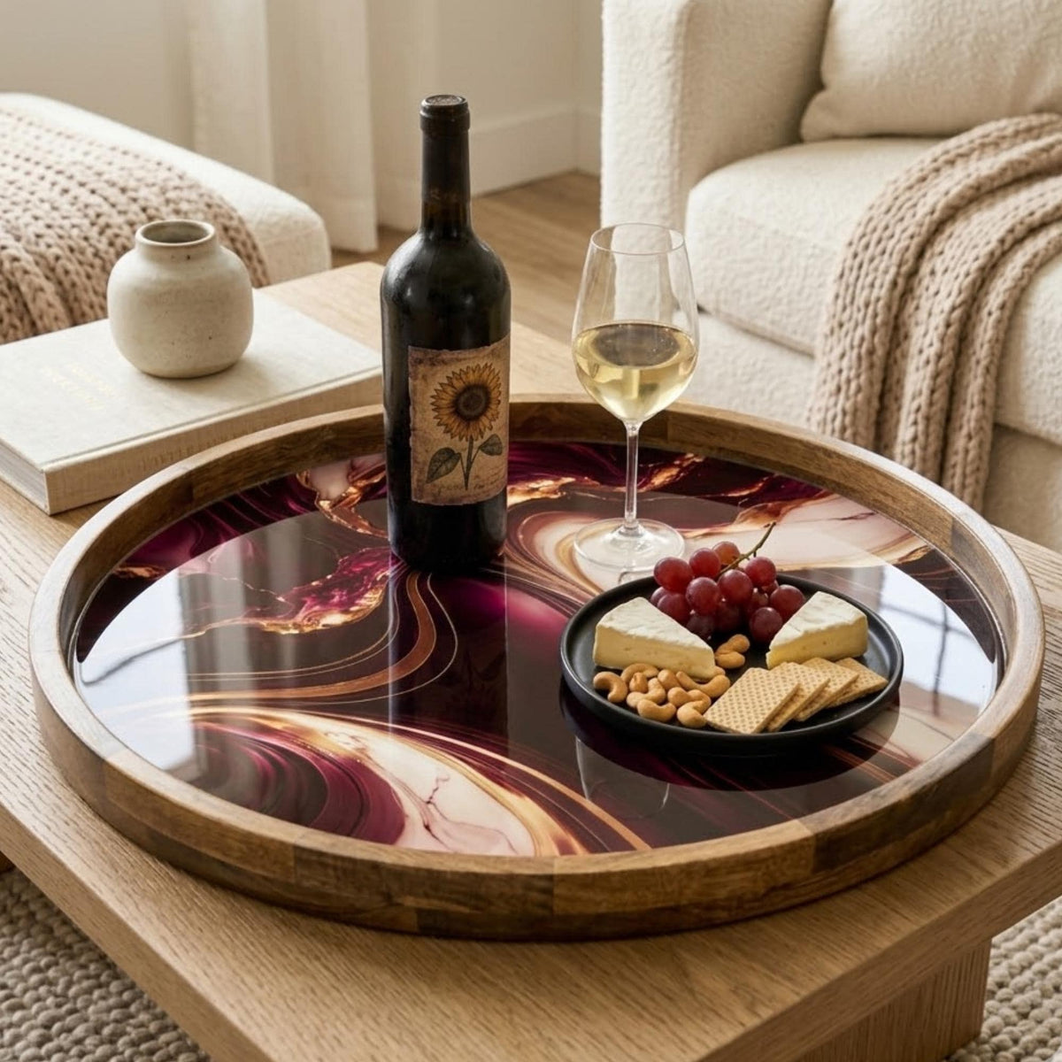 Purple Marble Mango Wood Serving Tray | Round Ottoman Coffee Table Decor