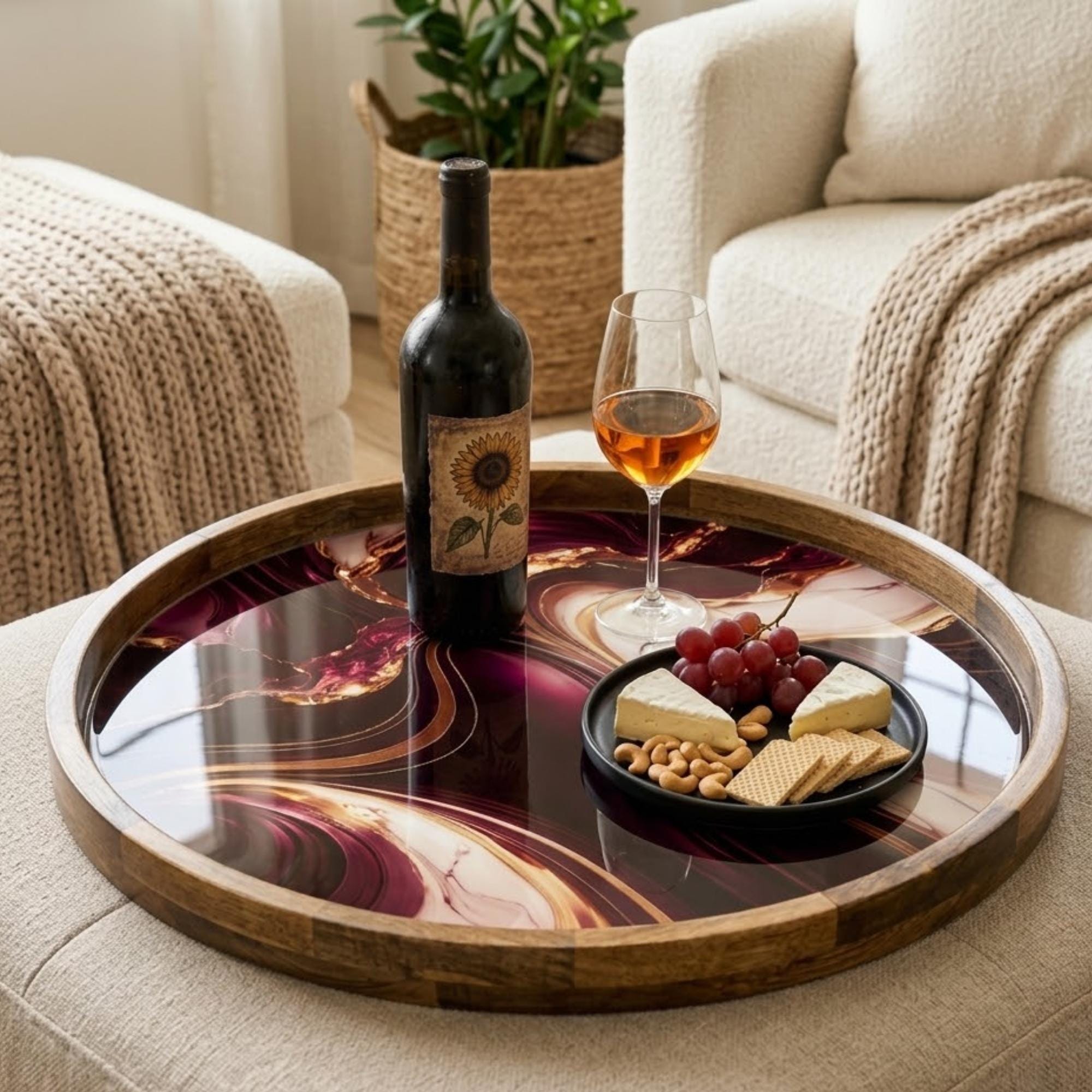 Purple Marble Mango Wood Serving Tray | Round Ottoman Coffee Table Decor