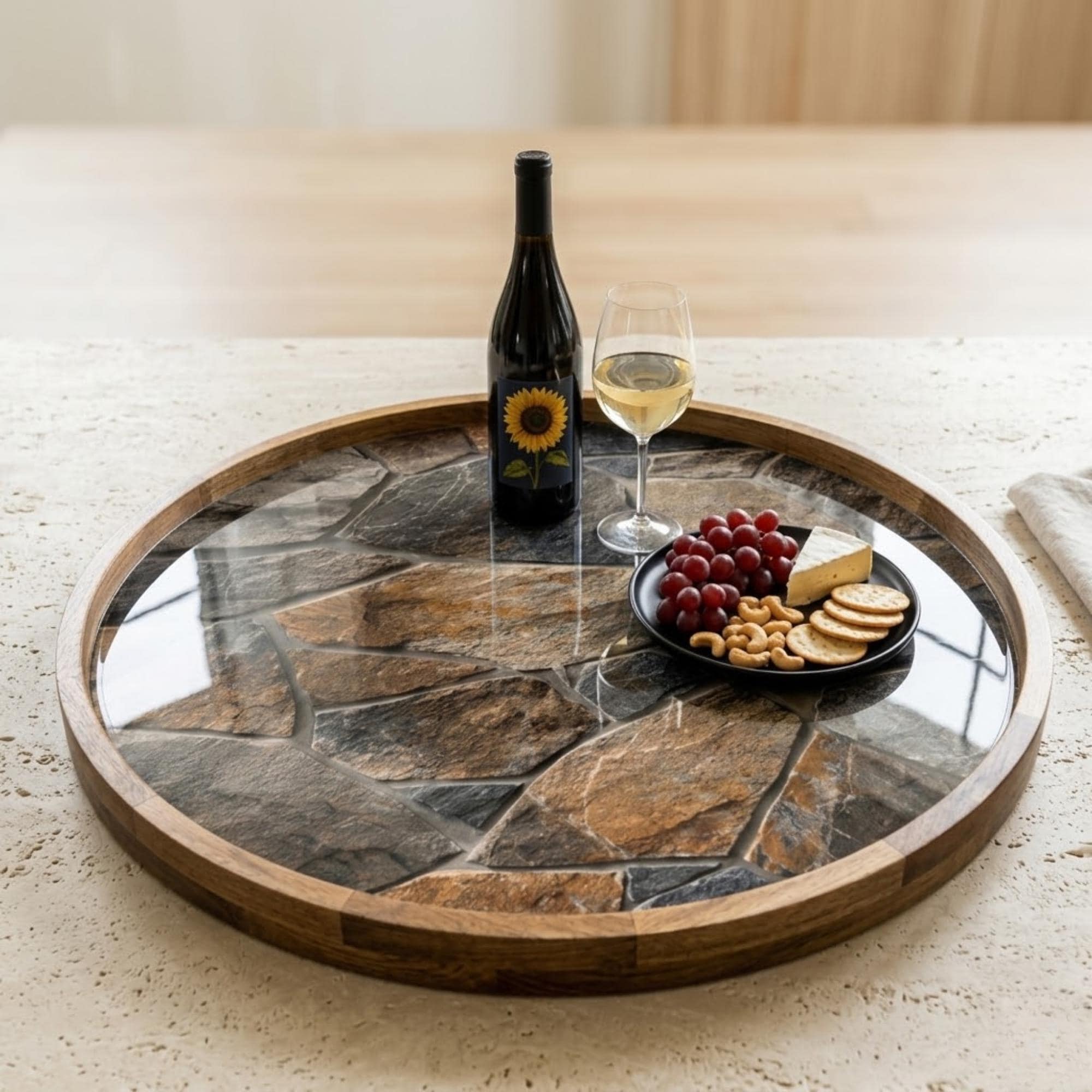 Handcrafted Mango Wood Serving Tray | Stone Marble Print, Ottoman Coffee Table Decor