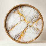 White Marble Print Mango Wood Round Tray | Ottoman Coffee Table Decor