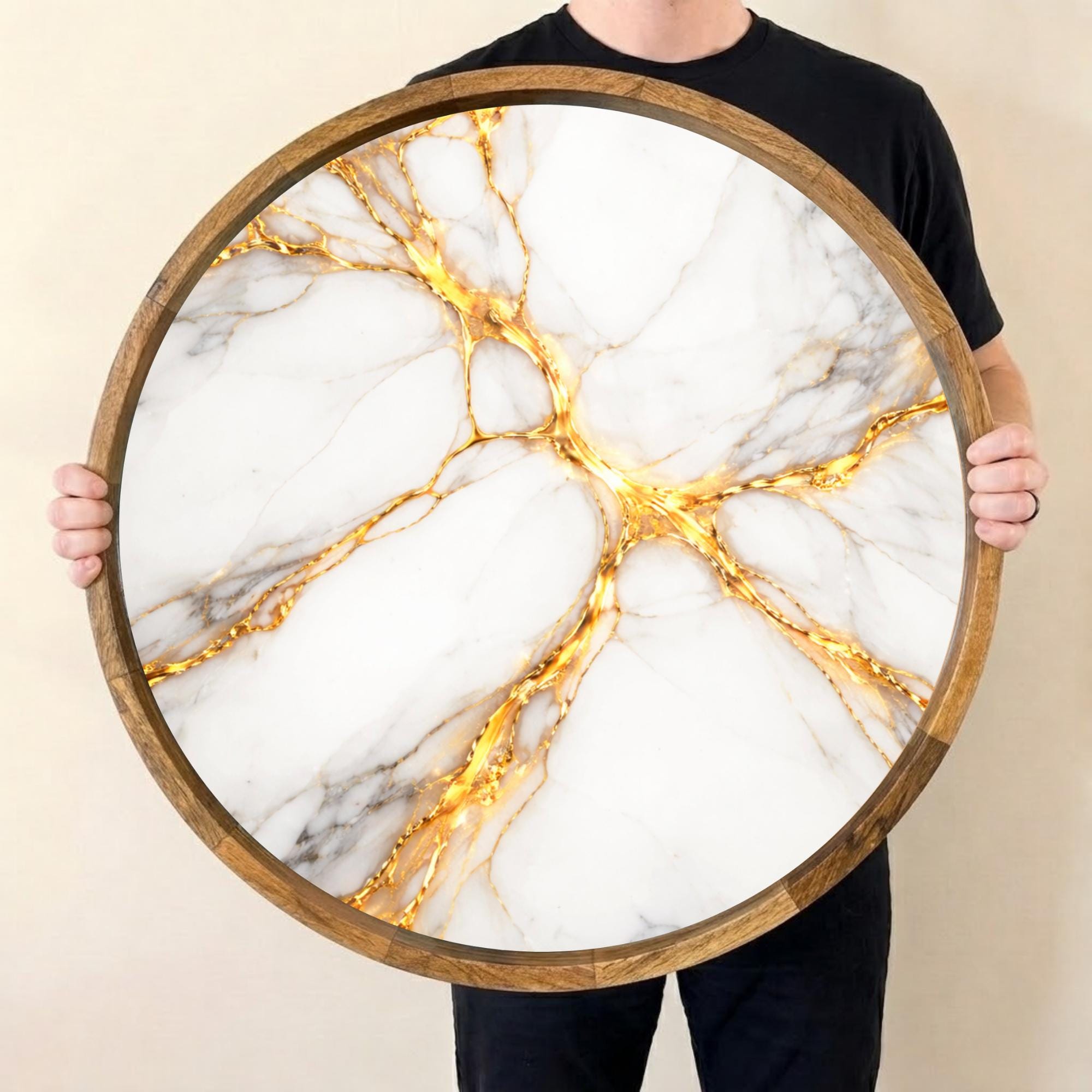 White Marble Print Mango Wood Round Tray | Ottoman Coffee Table Decor