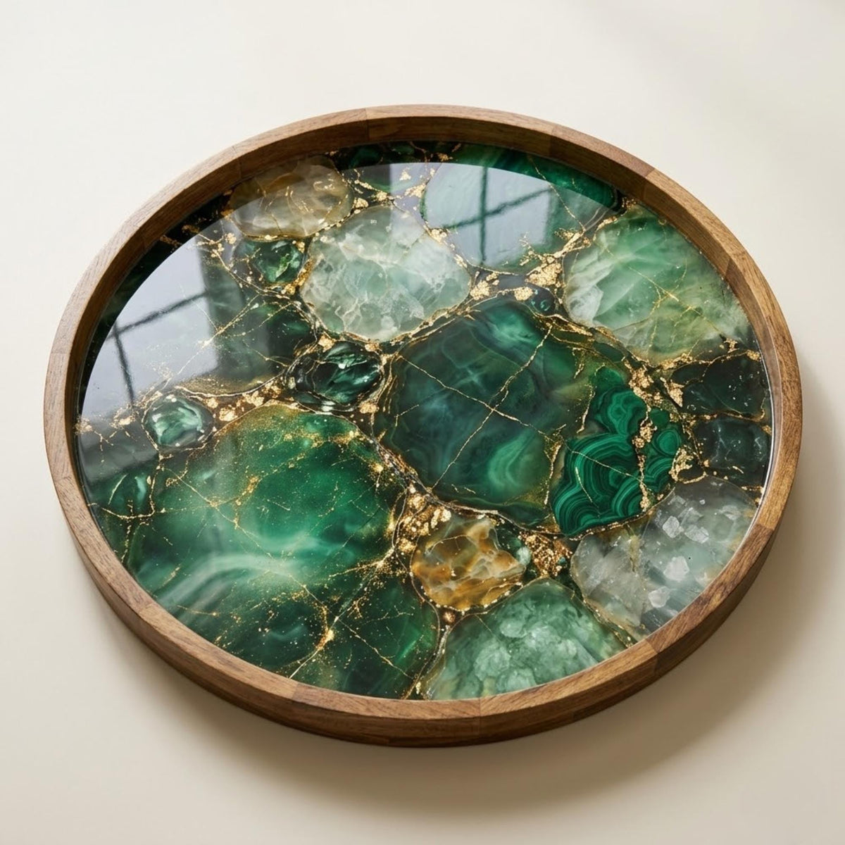 Emerald Marble Print Mango Wood Round Tray | Luxury Ottoman Coffee Table Decor