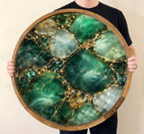 Emerald Marble Print Mango Wood Round Tray | Luxury Ottoman Coffee Table Decor