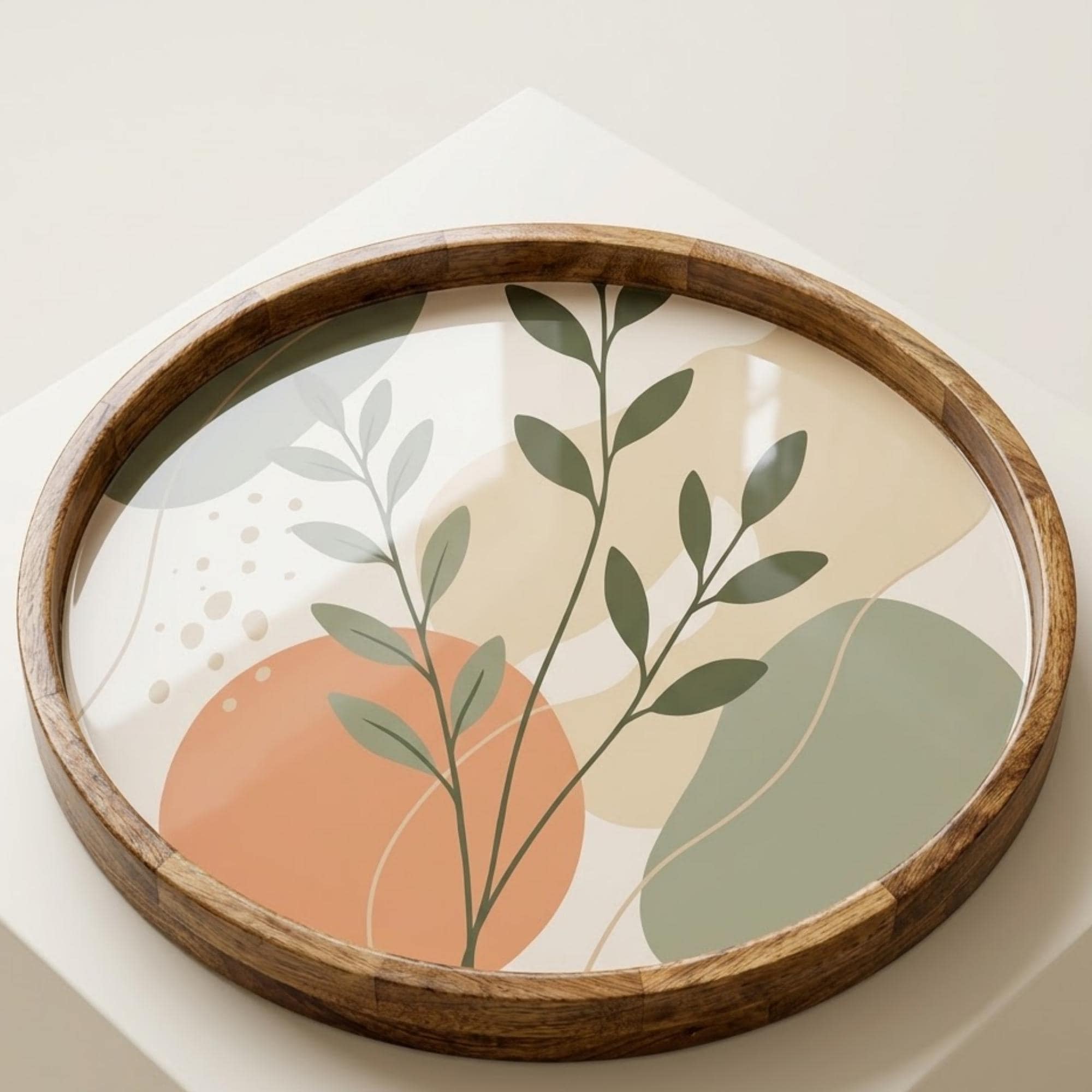 Botanical Mango Wood Serving Tray | Sage Green Leaf Print Ottoman Tray