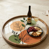 Abstract Botanical Mango Wood Serving Tray | Boho Ottoman Coffee Table Decor