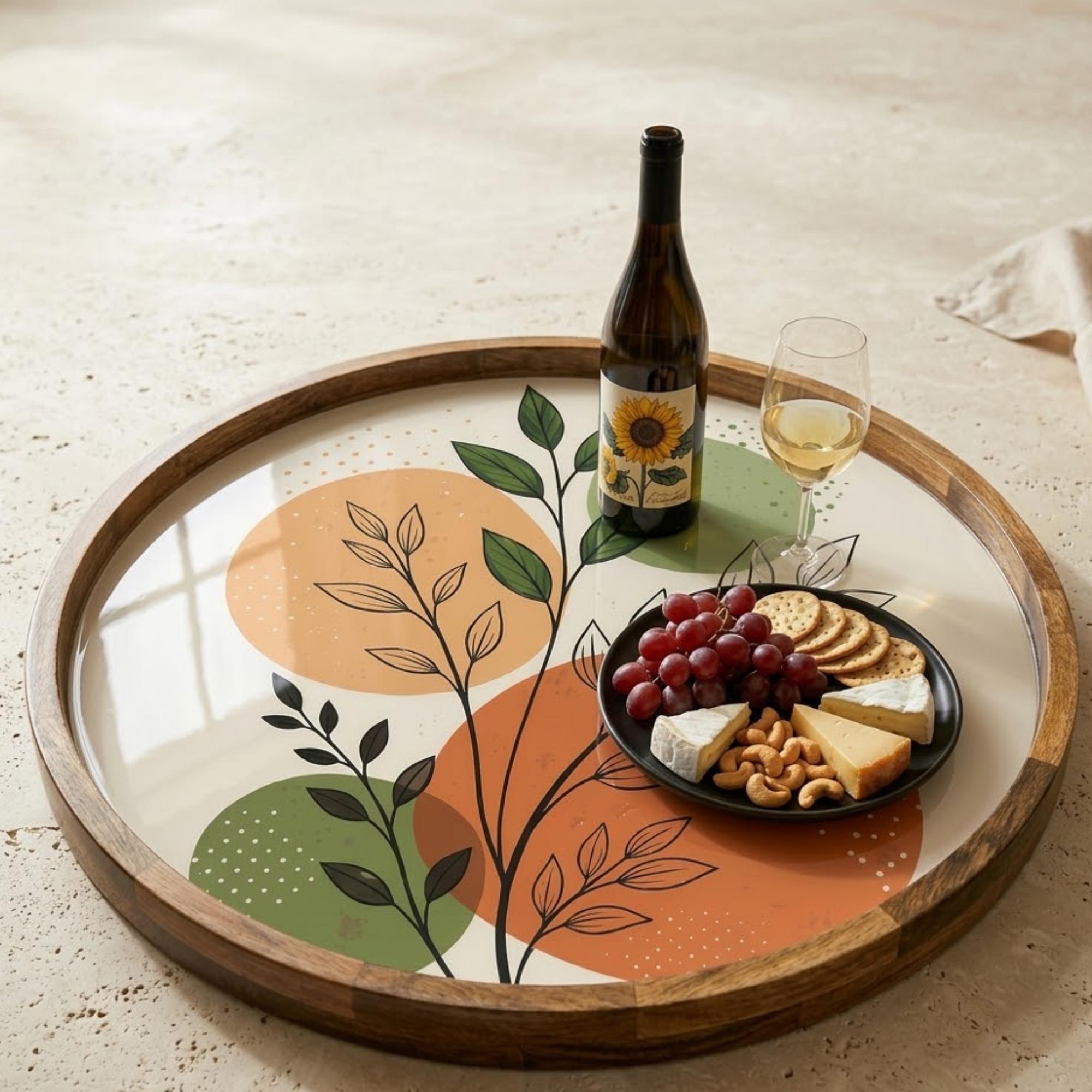 Abstract Botanical Mango Wood Serving Tray | Boho Ottoman Coffee Table Decor