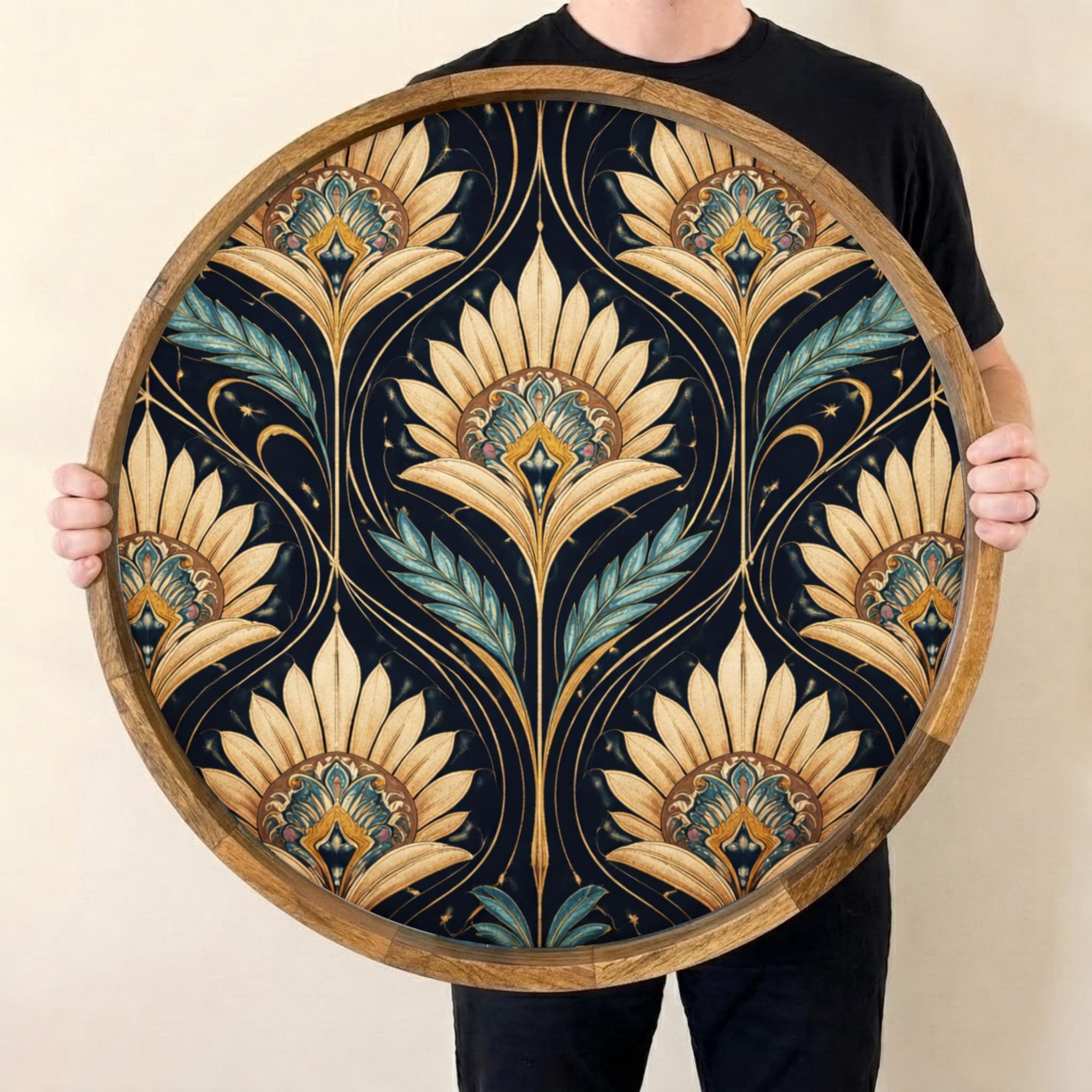 Sunflower Art Mango Wood Serving Tray | Round Ottoman Coffee Table Decor Platter