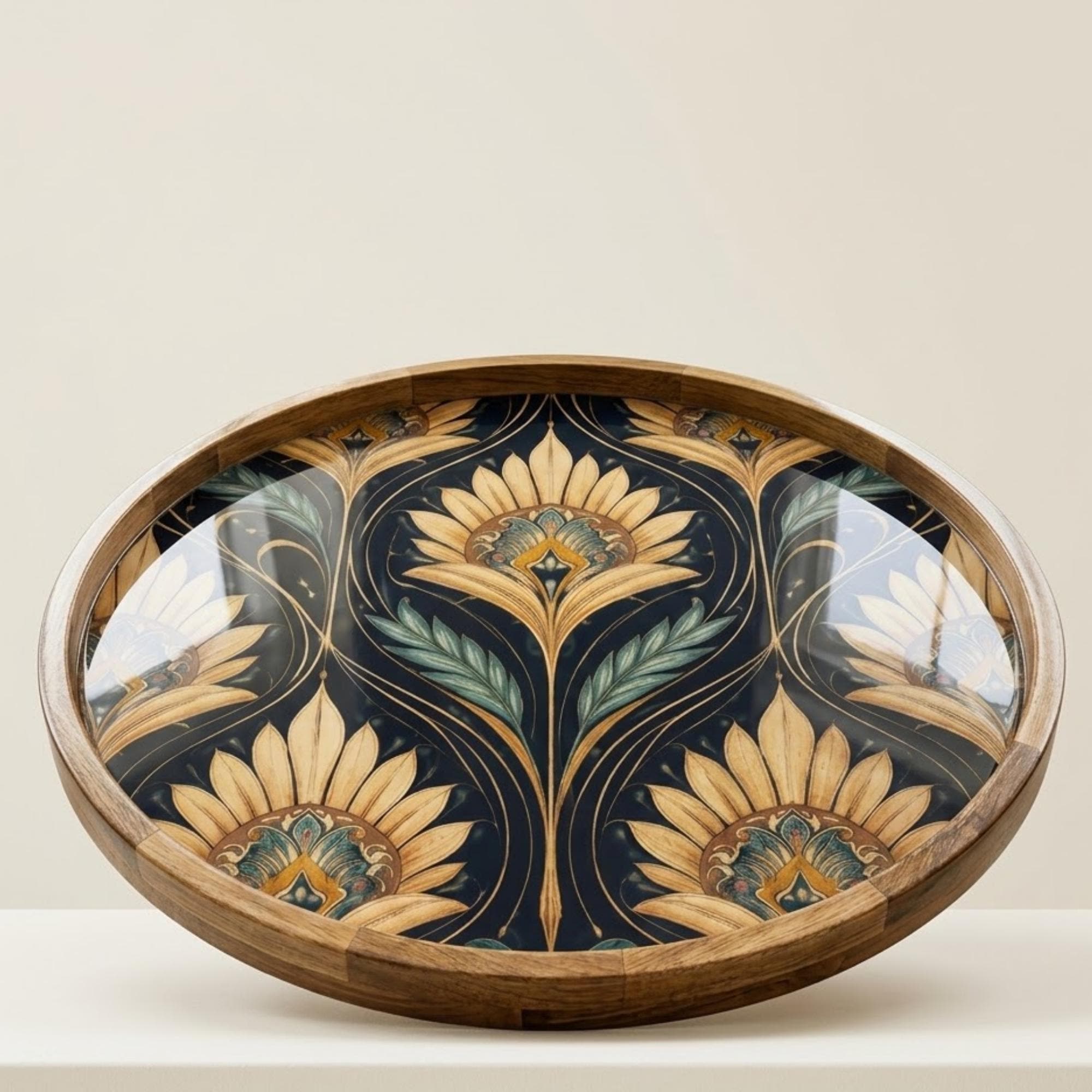 Sunflower Art Mango Wood Serving Tray | Round Ottoman Coffee Table Decor Platter