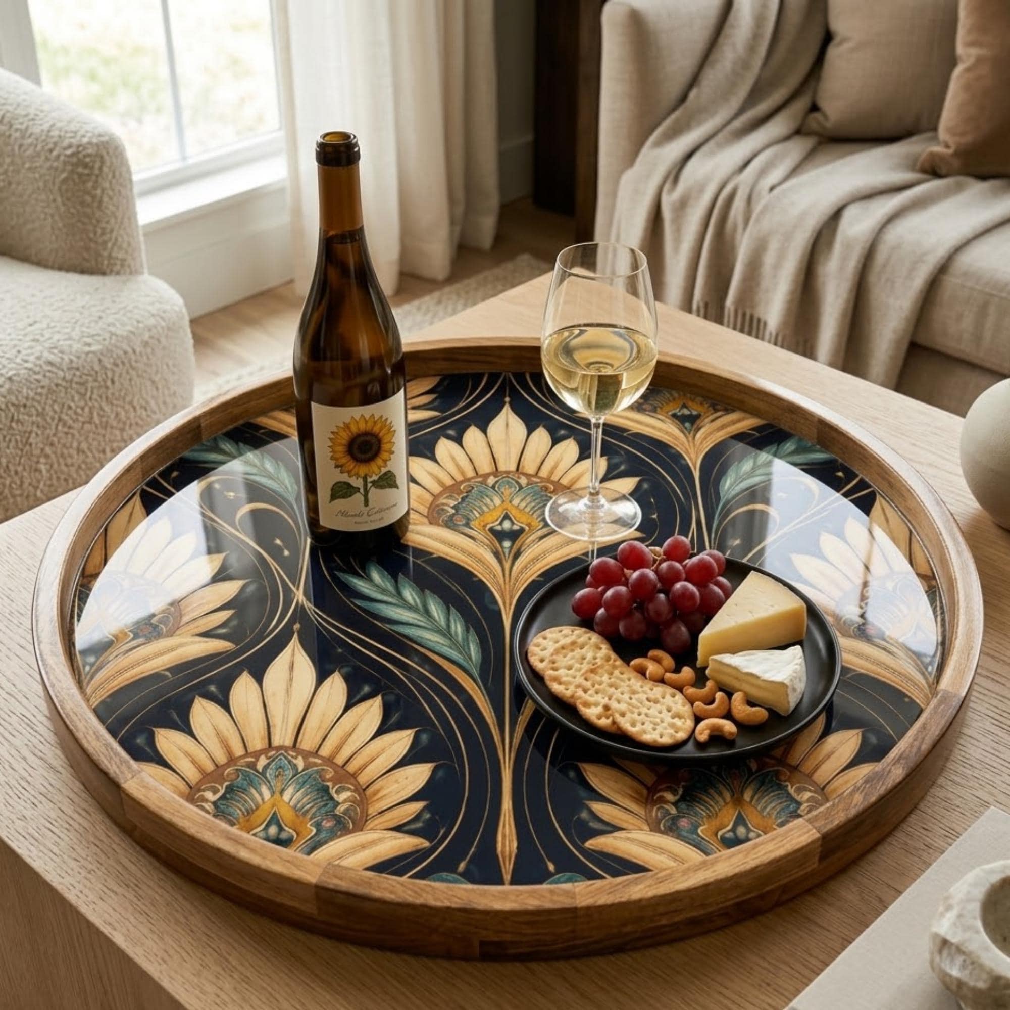 Sunflower Art Mango Wood Serving Tray | Round Ottoman Coffee Table Decor Platter