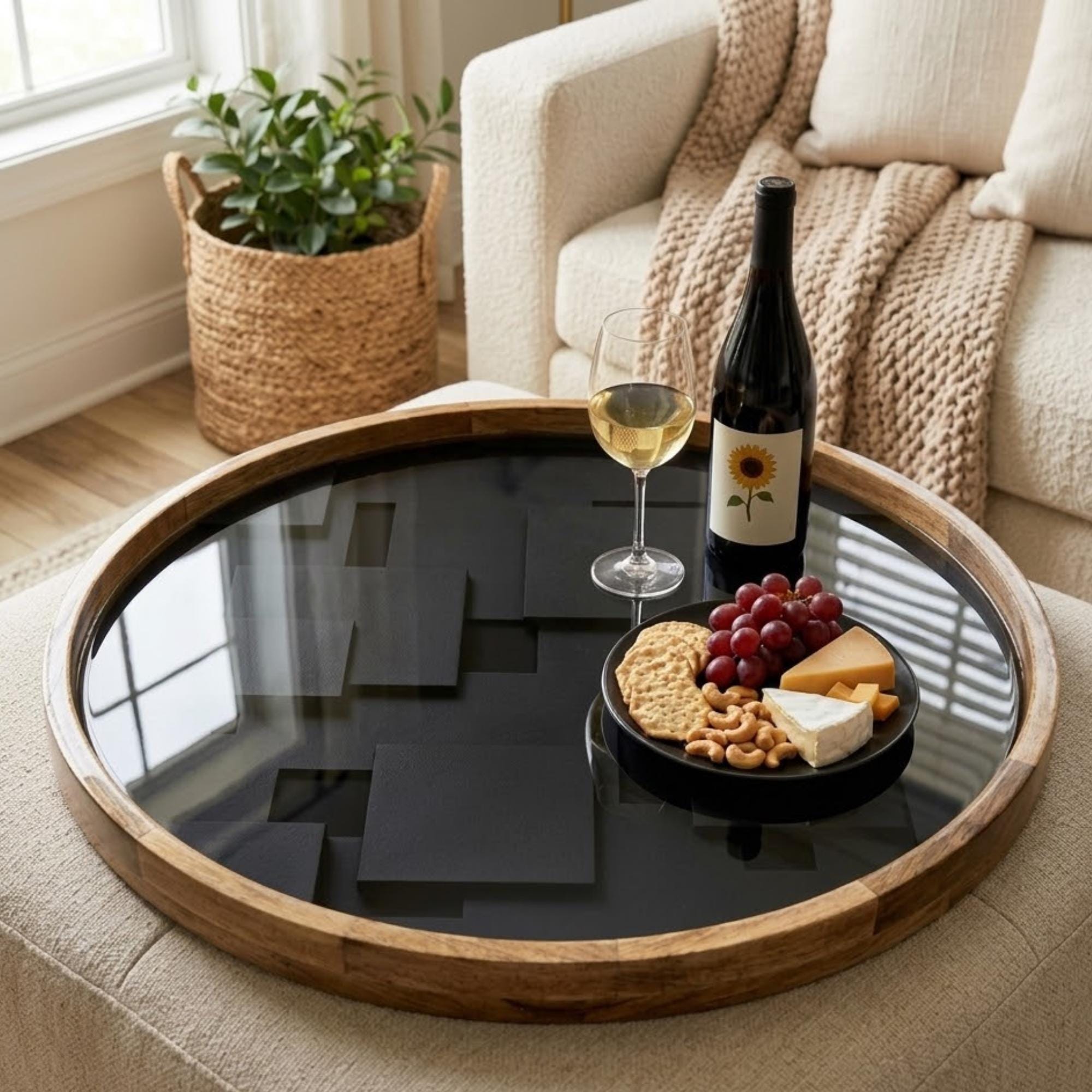 Black Mango Wood Serving Tray | Modern Minimalist Ottoman Coffee Table Decor